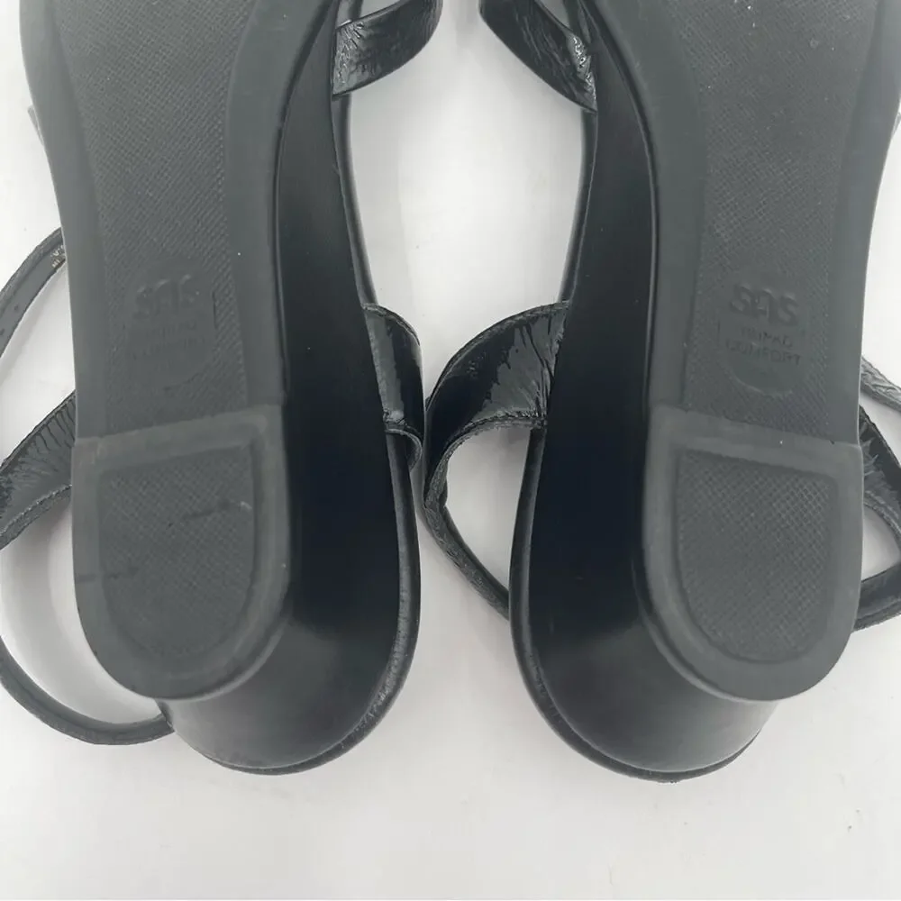 SAS Sandals 9.5 SLIM Strippy Quarter Strap Wedge Black Patent Leather 9.5 SLIM